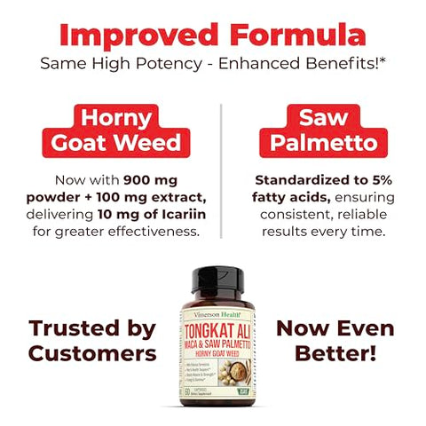 Vimerson Health - Tongkat Ali para Homens – Suporte Saudável à Testosterona. Suplementos Energéticos Equilibrados para Homens com Horny Goat Weed, Maca em Pó, Tribulus Terrestris, Extrato de Saw Palmetto