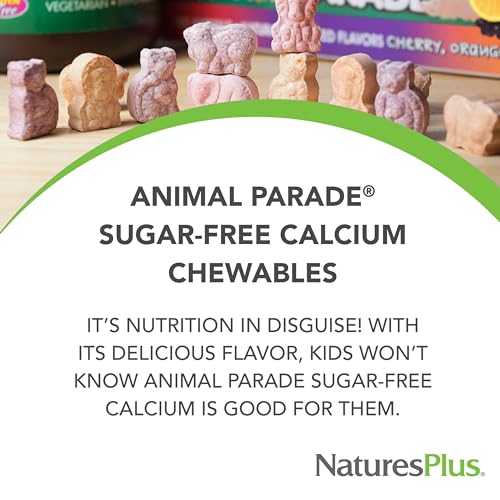 Natures Plus - NaturesPlus Animal Parade Cálcio Infantil Sem Açúcar, Sabor Sundae de Baunilha – 90 Comprimidos Mastigáveis em Formato de Animais – Magnésio para Saúde Óssea – Livre de Glúten – 45 Porções