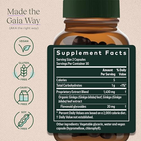 Ginkgo Leaf – Suplemento Herbal Orgânico para Circulação e Função Cerebral Saudáveis – 60 Cápsulas Líquidas Veganas de Fitoterapia (20 Dias de Fornecimento) - Gaia Herbs