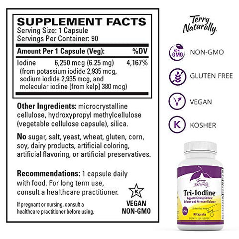 Tri-Iodine 6.25 mg – 6250 mcg Iodo, 90 Cápsulas Veganas – Equilíbrio Hormonal, Estimula o Crescimento dos Seios - Terry Naturally