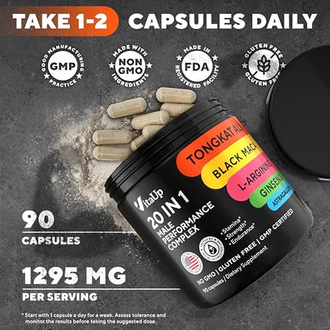 VitaUp - Tongkat Ali 20 em 1 para Homens com Astragalus – Complexo de Desempenho Masculino Feito nos EUA com Raiz de Maca Negra, L-Arginina, Ginseng, Cálcio, Astragalus para Força Normal