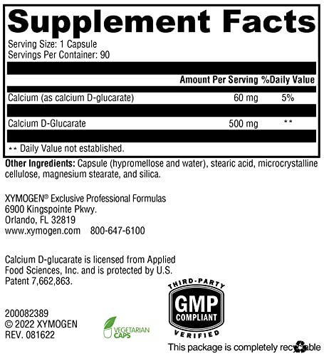 Calcium D-Glucarate 500mg – Suporte para Desintoxicação Saudável de Toxinas Lipossolúveis, Hormônios como Estrogênio e Andrógenos (90 Cápsulas) - XYMOGEN