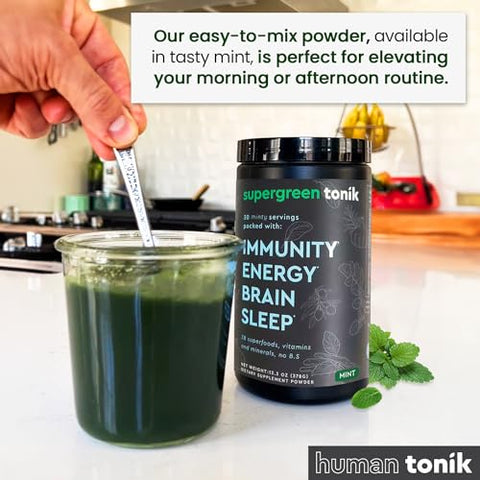 SUPERGREEN TONIK - Pó Superfood 100% Natural Greens – Suplemento Diário com 38 Superfoods, Vitaminas e Minerais – Energia, Estresse e Imunidade – 30 Dias de Fornecimento – 360g (1 Tubo)