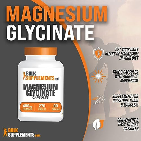com Cápsulas de Magnésio Glicinato – Bisglicinato de Magnésio, Suplemento de Magnésio, 400mg de Magnésio Glicinato – Sem Glúten, 3 Cápsulas por Porção, 270 Cápsulas - BulkSupplements