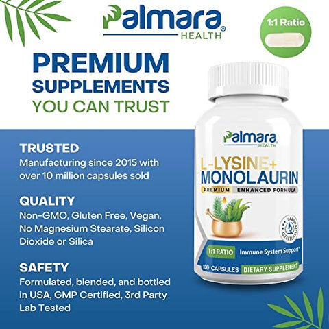 Palmara Health - L-Lisina Monolaurina 600mg – Embalagem com 100 Cápsulas