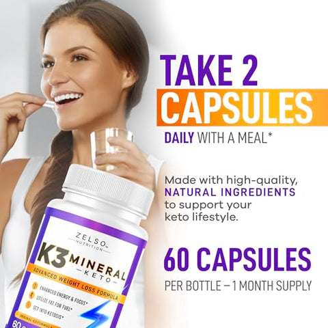 ZELSO - K3 Mineral Pílulas de Emagrecimento para Mulheres e Homens – Sal Mineral K3, Cápsulas de Vitamina K3 para Emagrecimento – Suprimento de 30 Dias