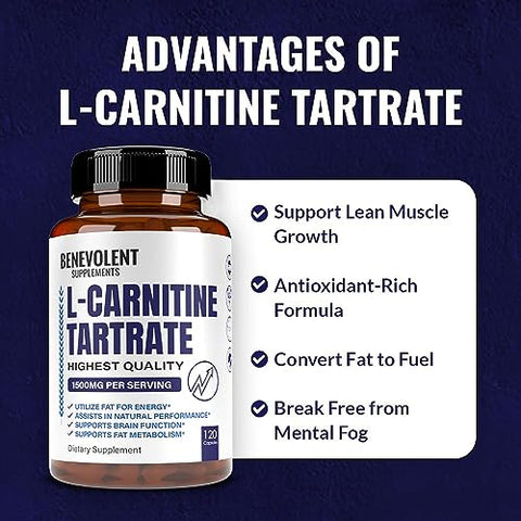 Benevolent Nourishment - Suplemento Premium de L-Carnitina Tartarato – 1500mg – Utilize Gordura como Energia com Tartarato, Ganho de Massa Muscular Magra, Aumente a Energia Natural, Suporte ao Metabolismo – Marca em Destaque
