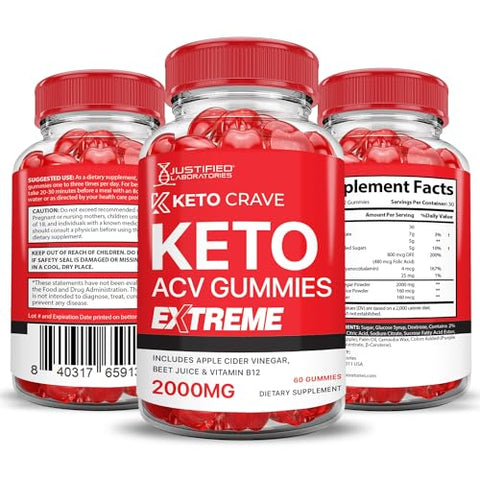 Justified Laboratories - (5 Pacotes) Gomas Keto Crave Keto ACV Extreme 2000MG Fórmula Avançada de Gomas Keto Crave Keto Vinagre de Maçã com Romã e Beterraba em Pó B12 Vegano Não Transgênico 300 Gomas