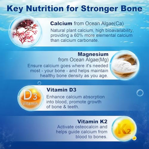 envycure - Suplemento de Cálcio à Base de Algas 600mg, Cálcio de Algas Oceânicas com Vitamina D3, K2, Magnésio, B6, B12 para Fortalecimento Ósseo, Suplemento de Cálcio e Magnésio à Base de Plantas, Sem Açúcar, Marca Ocean Algae