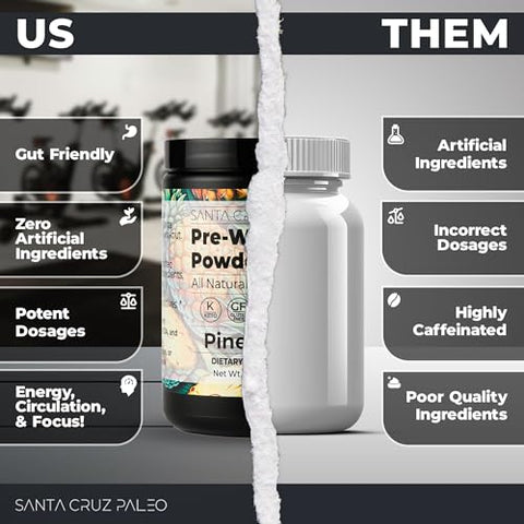 Natural Pré Treino em Pó, Abacaxi, Eletrólitos Pré-Treino Keto com Magnésio, Potássio, L-Citrulina, 150mg de Cafeína, Mistura para Bebida sem Açúcar para Energia - Santa Cruz Paleo