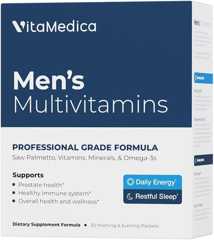 Multivitamínico Masculino com Suporte para a Saúde da Próstata | Vitaminas, Minerais, Ômega 3 e Saw Palmetto | Caixa com 30 Pacotes Diários | Energia Natural e Sono Repousante - VitaMedica