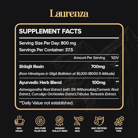 Laurenza - Shilajit Puro Orgânico do Himalaia, Resina 50g, Alta Potência 800mg, Grau A Dourado, 85 Minerais Traços