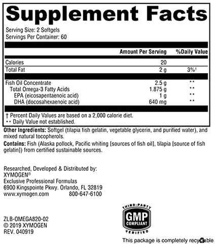 OmegaPure 820 – Óleo de Peixe Certificado com Cinco Estrelas pelo International Fish Oil Standards (IFOS) – Suporte Cardiovascular e Cognitivo com Ômega-3 DHA EPA (120 Cápsulas) - XYMOGEN