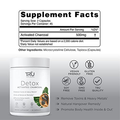 TRU Supplements - TRU Detox: Carvão Ativado, Desintoxicação Natural Completa, Elimina Inchaço, Melhora a Saúde da Pele, 60 Porções