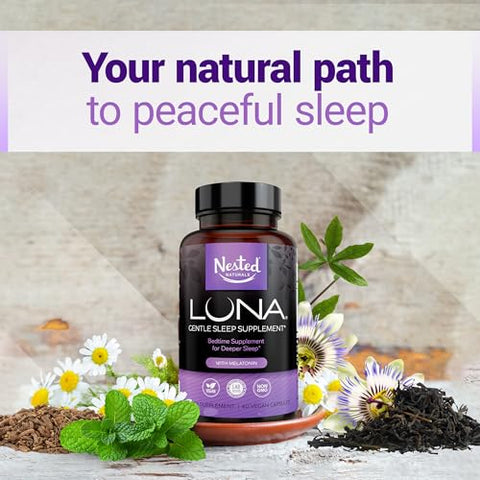Luna – Suplemento Herbal para Dormir com Melatonina, Raiz de Valeriana, Camomila | 180 Cápsulas Veganas (3 Pacotes) – 60 Cápsulas por Frasco - Nested Naturals