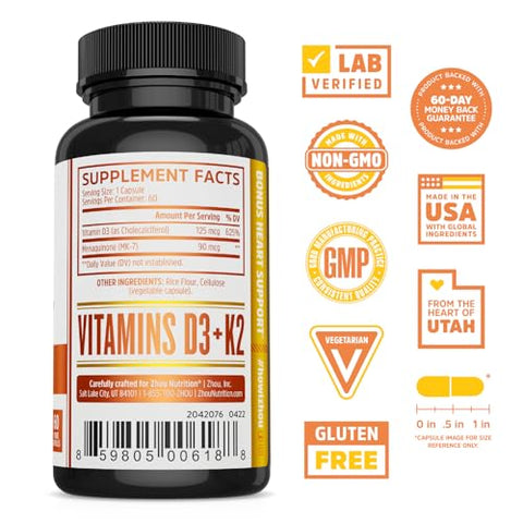 ZHOU - Zhou Nutrition Vitamina D3 K2, Fórmula para Saúde Óssea e Cardíaca 5000 UI Vitamina D3