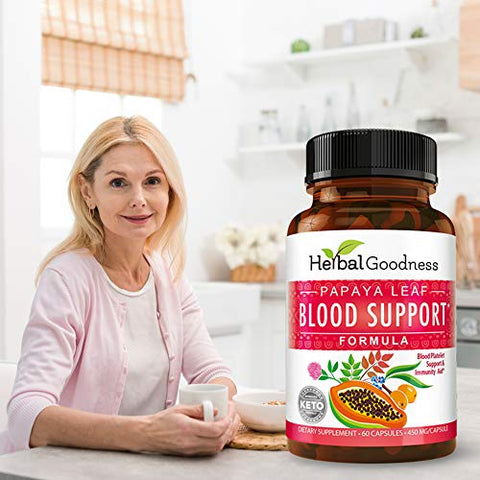 Herbal Papaya - Cápsulas de Suporte Sanguíneo de Folha de Mamão – Plaquetas, Medula Óssea, Suporte Imunológico – Remédio Herbal 60/450mg Cápsulas Vegetais – Herbal Goodness