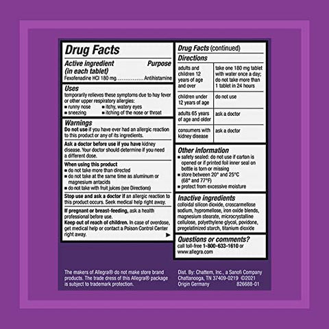 24HR – Comprimidos Antialérgicos para Adultos, 100 Unidades, Alívio de Alergias por 24 Horas, 180 mg - Allegra