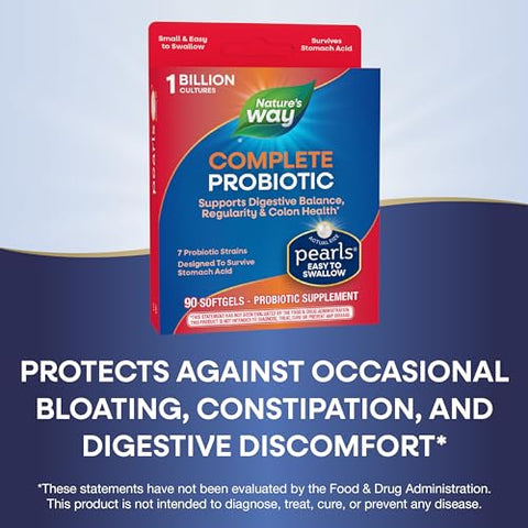 Nature's Way - Nature’s Way Complete Probiotic Pearls – Suporte Digestivo, 1 Bilhão de Culturas Vivas, Suplemento para Homens e Mulheres, Sem Necessidade de Refrigeração, 90 cápsulas (Embalagem Pode Variar)