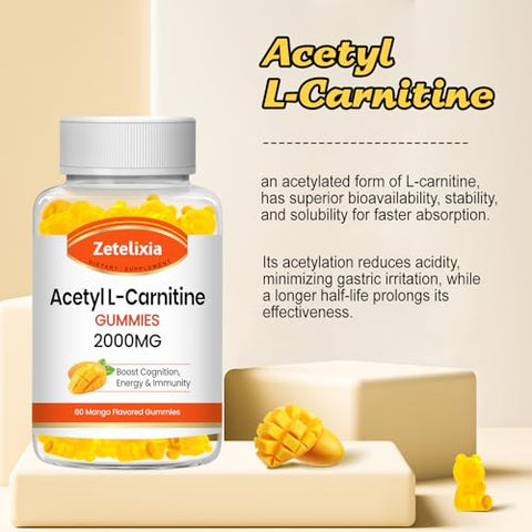 Zetelixia - Gomas de Acetil L-Carnitina 2000mg, Suplemento de L-Carnitina para Promover a Oxidação de Ácidos Graxos, Suplemento Nutricional para Aumentar a Energia e a Imunidade