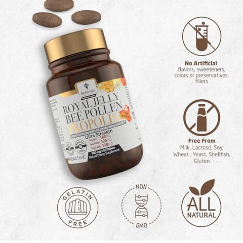 BEE & YOU - Bee and You – Comprimido de Geleia Real, Extrato de Própolis, Pólen de Abelha, Superfood 100% Natural, Ultra Puro, Suporte Imunológico, Melhora Energia, Concentração, Antioxidantes, Fresco, Keto, 100g