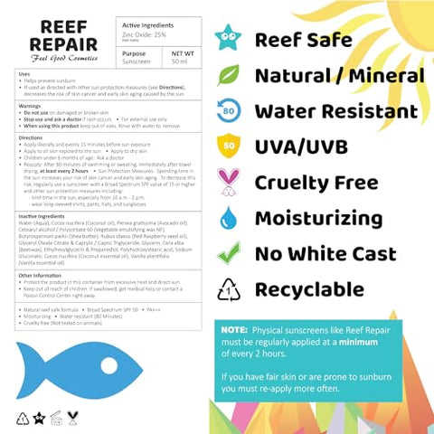 REEF REPAIR - Protetor Solar Reef Safe SPF 50 (2 Unidades) – Natural, Tamanho Viagem, Resistente à Água, Hidratante, Amplo Espectro UVA/UVB, Amigo dos Corais, Mineral Suncream da Reef Repair (2 x 50 ml)