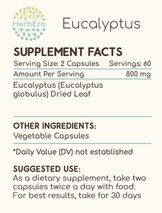 HerbEra - Eucalyptus 120 Cápsulas, 400mg, Folha Seca de Eucalipto (Eucalyptus Globulus) – Marca Eucalyptus