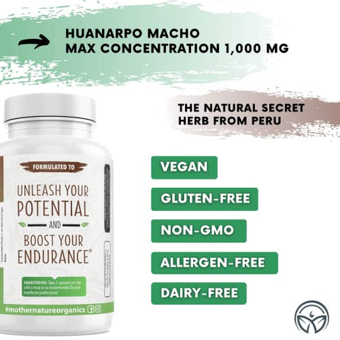 Mother Nature Organics Superfoods for Organic Living - Huanarpo Macho em Cápsulas em Pó – Força Máxima 1000mg (120 Unidades) – Suporte Masculino, Energia