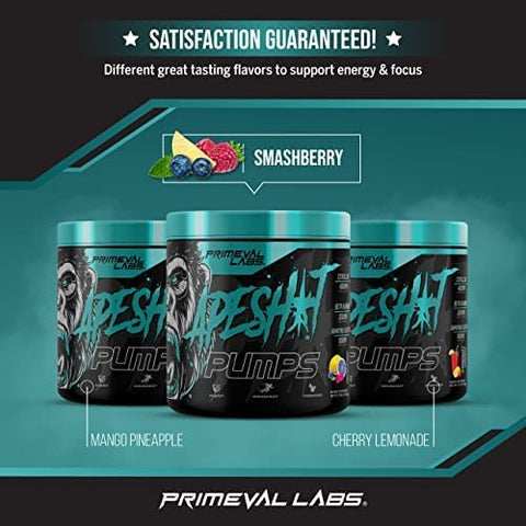 Ape Pumps Pré-Treino em Pó para Homens e Mulheres 40 Porções, Smashberry | Sem Cafeína | Energético Pré-Treino de Óxido Nítrico, Bomba Intensa, Força, Beta - Primeval Labs