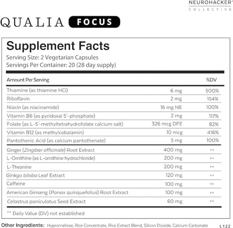 NEUROHACKER COLLECTIVE - Qualia FOCUS – Suplemento Cerebral para Energia Mental Sustentada, Alerta e Concentração – 60 Cápsulas