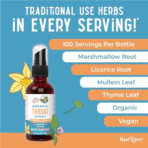 MaryRuth Organics - Spray Orgânico para Garganta USDA com Folha de Verbascum por MaryRuth’s | Raiz de Althaea