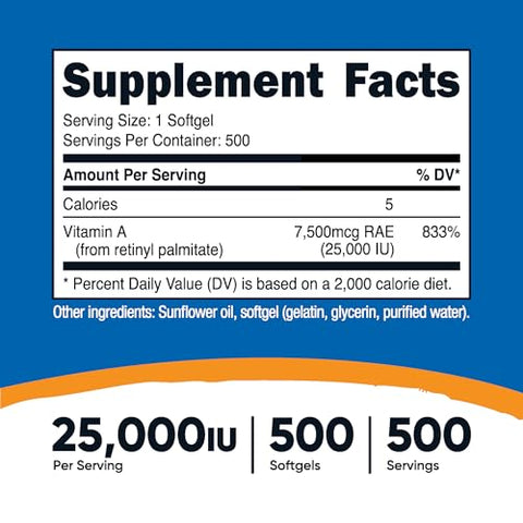 Vitamina A 25000 UI, 500 Softgels, Sem OGM, Livre de Glúten – Compre Agora! - Nutricost
