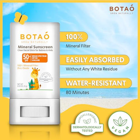 BOTAO - Protetor Solar Mineral para Bebês em Bastão 100% Óxido de Zinco FPS 50 Resistente à Água Proteção UVA/UVB Fácil de Aplicar Sem Fragrância