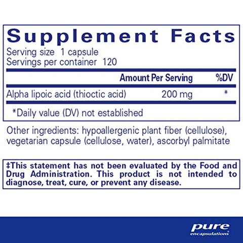 Ácido Alfa Lipóico 200 mg – 200mg ALA – Fígado - Pure Encapsulations