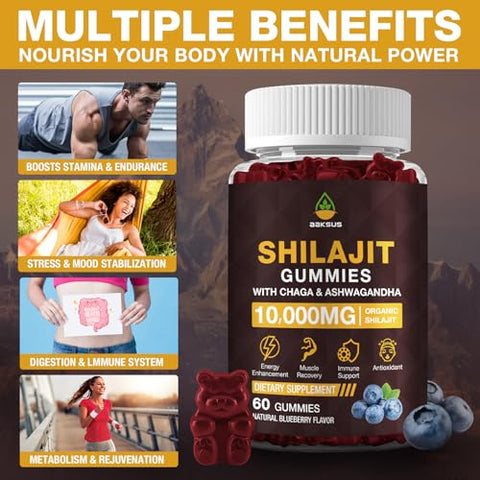 AAKSUS - Gummies de Shilajit com 10.000 MG e 85 Minerais Traços – Energia, Cérebro, Imunidade – Testado por Terceiros – Vegano
