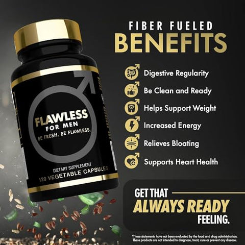 Flawless For Men - Suplemento Mega Dose 3000mg USA’s com Psyllium Husk, Aloe Vera e Semente de Chia – 120 Cápsulas Rica em Fibras
