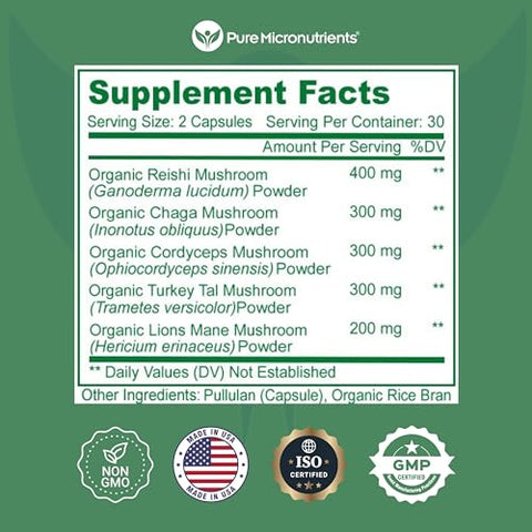 Pure Micronutrients - Suplemento Orgânico de Cogumelos Puros – Leão da Montanha, Reishi, Chaga, Cordyceps |