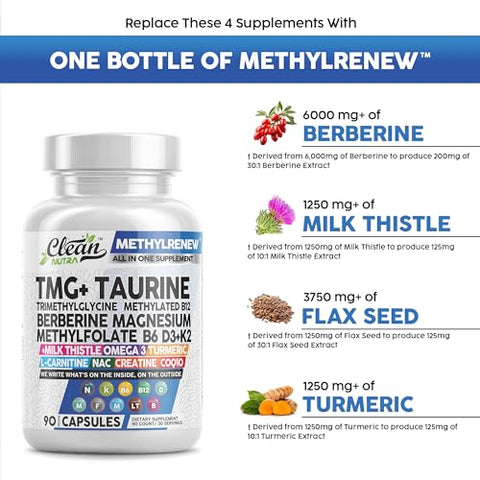 Clean Nutraceuticals - Clean Nutra TMG Taurine – Multivitamina Metilada com Vitaminas B6, B12, D3 K2, Berberina, Magnésio, Metilfolato, Cardo de Leite, Ômega 3, Cúrcuma, NAC e L-Carnitina | Marca Clean Nutra