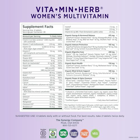 Vita·Min·Herb para Mulheres | Multivitamínico Completo para Mulheres | Feito com Alimentos Orgânicos Integrais Não-OGM | 100% Natural - PURE SYNERGY