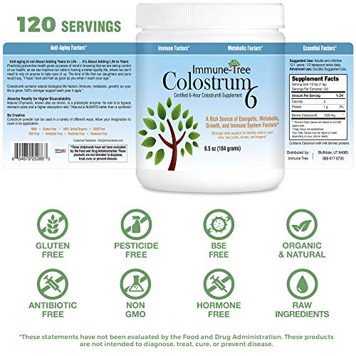 Immune-Tree - Pó de Colostro Bovino 100%%, 120 Porções, 185g, Suporte Anti-Envelhecimento, Sistema Imunológico Saudável, Intestino