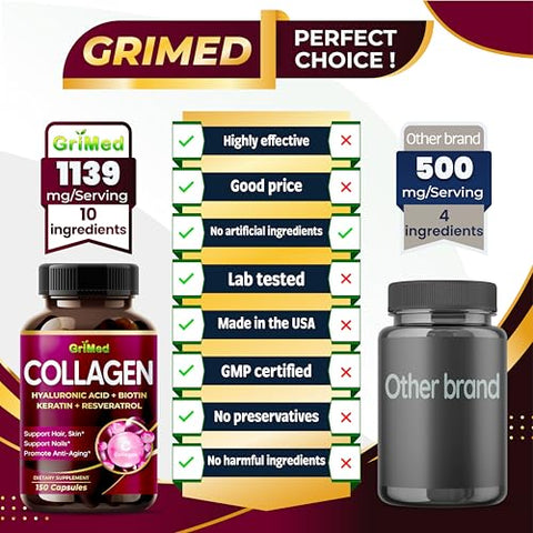 Colágeno Orgânico 6.419 mg com Ácido Hialurônico, Biotina, Queratina, Resveratrol – Vitaminas para Cabelo, Pele e Unhas – Fabricado nos EUA (90 Comprimidos) - GriMed