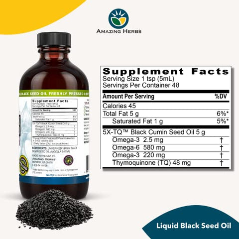 Óleo de Semente de Cominho Preto Premium Amazing Herbs – Extraído a Frio de Nigella Sativa Auxilia na Saúde Digestiva, Suporte Imunológico, Função Cerebral, Mobilidade Articular – Sem Glúten, Não Transgênico – 240 ml