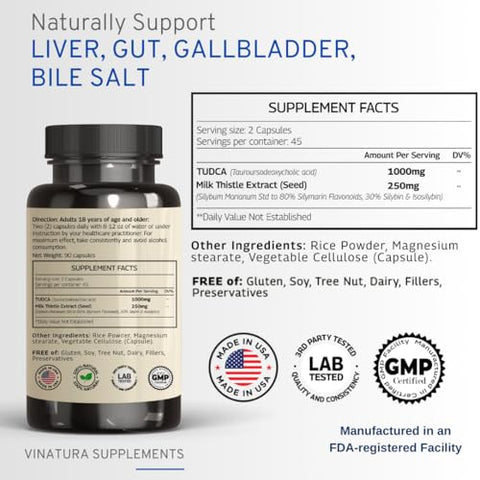 VINATURA - TUDCA Milk Thistle 1250mg – Suporte ao Fígado, Saúde Hepática, Suplemento para Vesícula Biliar *Fabricado e Testado nos EUA*, Suplemento Tudca, Suplemento de Sais Biliares, Suplemento para Saúde Hepática – 90 cápsulas