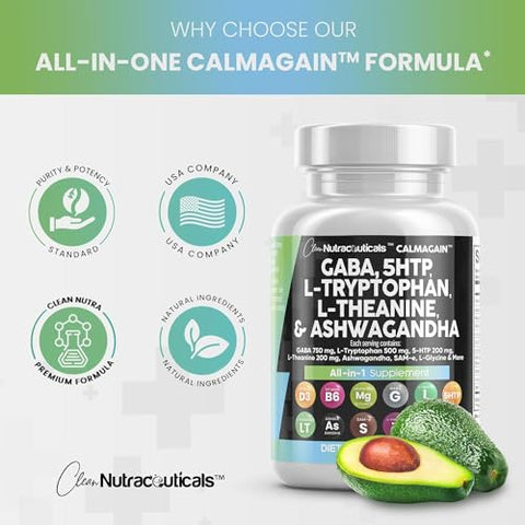 Suplemento para o Humor com GABA 750mg, 5 HTP 200mg, L Triptofano 500mg, L Teanina 200mg, Ashwagandha 3000mg, SAM-e, L-Glicina e L-Tirosina – Vitamina para Homens e Mulheres – Contagem - Clean Nutraceuticals