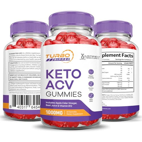 Justified Laboratories - (3 Pacotes) Gomas Turbo Ripped Keto ACV Fórmula Avançada 1000MG Gomas Turbo Ripped Keto Vinagre de Maçã Formulado com Suco de Romã em Pó Beterraba B12 Vegano Não GMO 180g