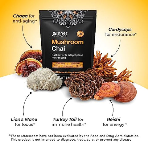 Mushroom Chai – Bebida de Chá de Cogumelo Adaptogênico com Lion’s Mane, Cordyceps, Chaga, Reishi, Turkey Tail (90 Porções) - Inner Elevate