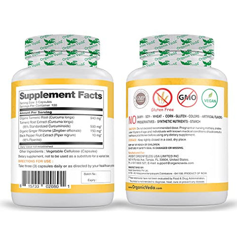 Cápsulas de Cúrcuma e Gengibre Organic Veda 300 Pills – Cúrcuma Orgânica com Pimenta Preta para Suporte Articular – Não Transgênico, Sem Glúten, Suplemento de Cúrcuma e Gengibre (95%%…)