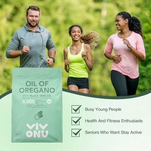 VivoNu - Óleo de Orégano Cápsulas Softgels | 6000mg de Óleo de Orégano com 200mg de Óleo de Semente Preta | Extrato Orgânico de Óleo de Orégano | Antioxidantes Naturais para Fitness | Livre de Transgênicos | Fórmula sem Glúten