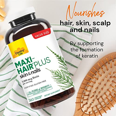 Maxi-Hair Plus 5000 mcg Biotina, 360 Cápsulas, Certificado Sem Glúten, Certificado Vegetariano - Country Life