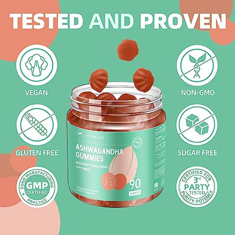 Gomas de Ashwagandha para Mulheres, Suplemento de Glicinato de Magnésio de Potássio para Adultos, Gomas Veganas de Ashwagandha sem Açúcar (90 Gomas) - AFXMATE